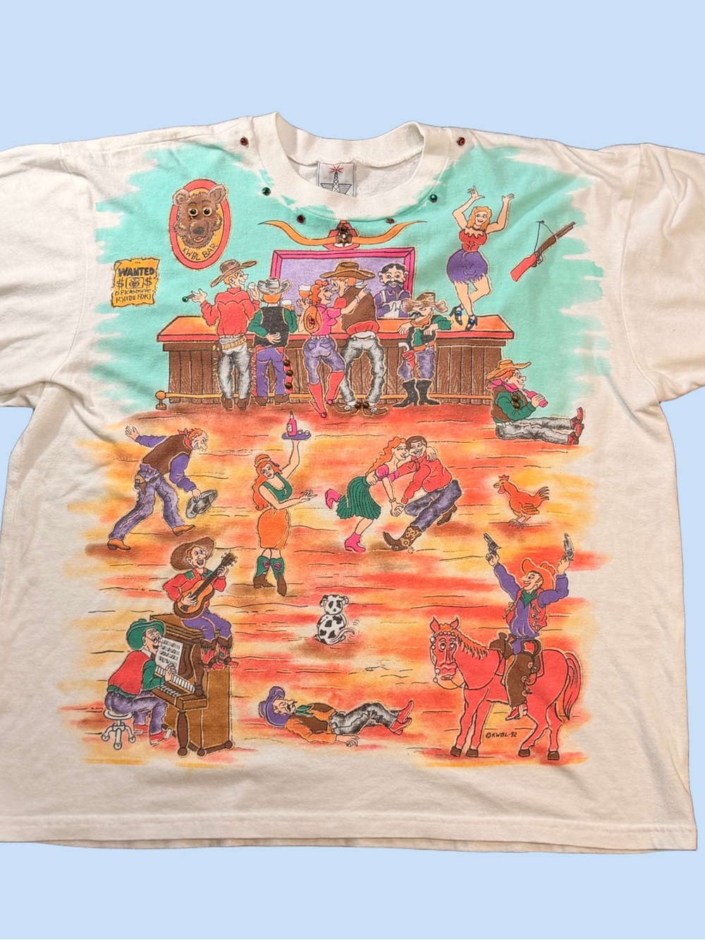 Vintage 1992 KWBL Los Angeles Western Saloon All Over Print T-Shirt Cowboy 90s